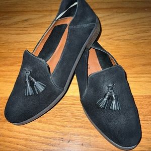 Lucky Brand Women's Cardyn Black Suede Leather Slip on Tassel Loafer Sz 8 EUC